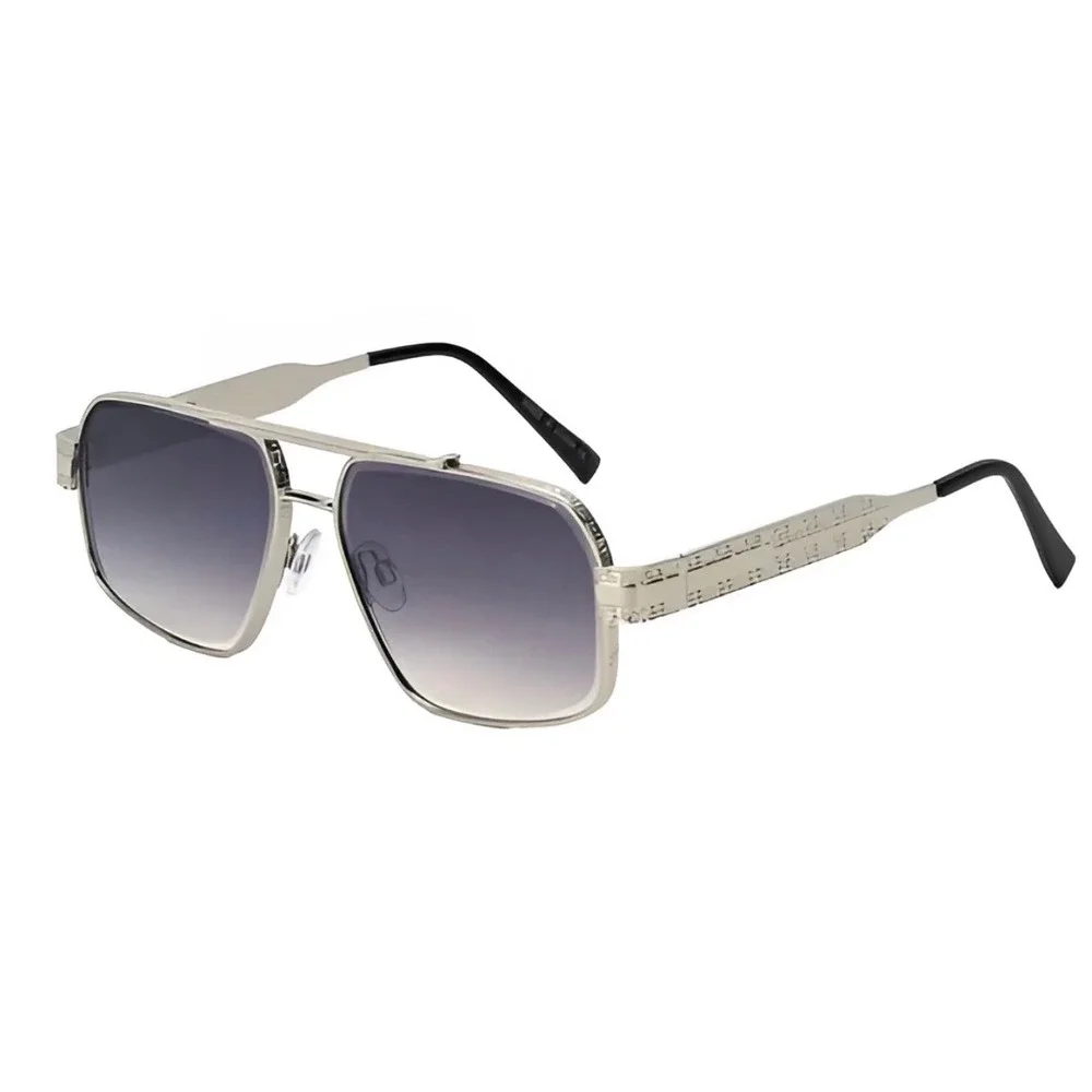 Mens Silver Square Aviator‎ Sunglasses Smoke Gradient Lens Engraved Metal Frame